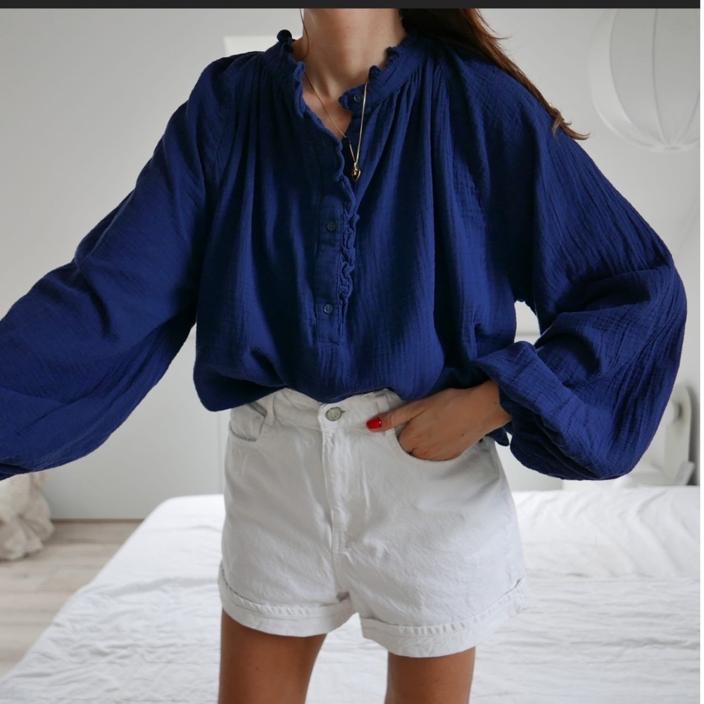 H&M Blouse Small Navy Blue Cotton Gauze Ruffle Neck Balloon Sleeve Boho Cottage